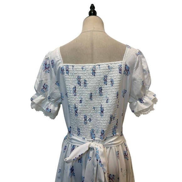 White Blue Floral Milkmaid Midi Dress Sz M Coquette Romantic Ruffles Bows Puff - Picture 7 of 10